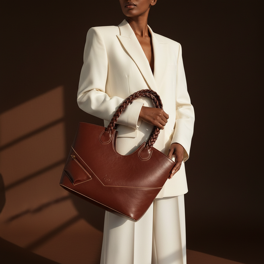 Person holding Fefe carryall in the cacao color brown leather handbag against a dark background