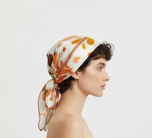 Woman wearing a Mesan mulberry silk sunrise patterned headscarf on a white background