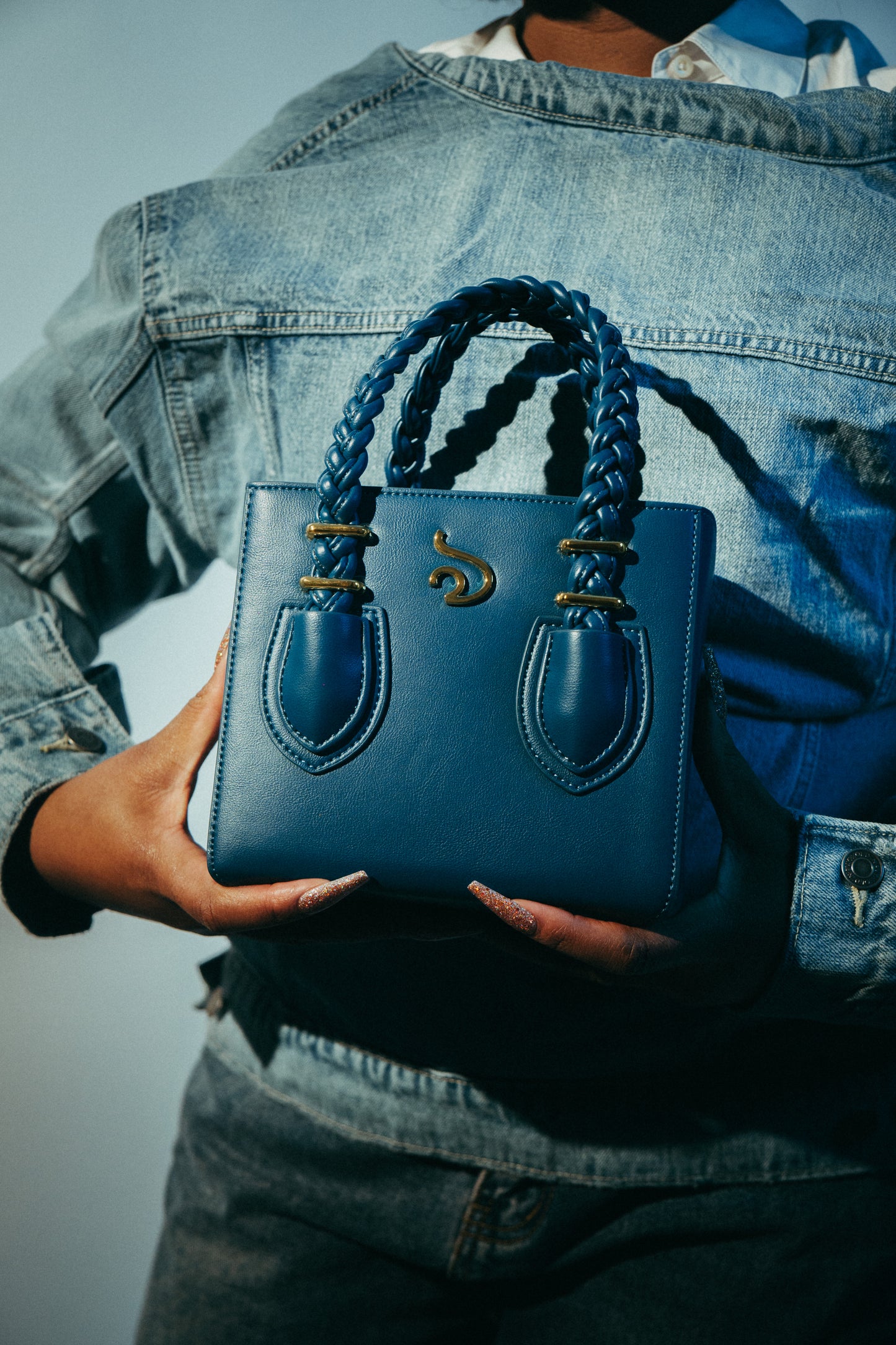 'Funmi' Blue Boxy Tote With Gold Hardware