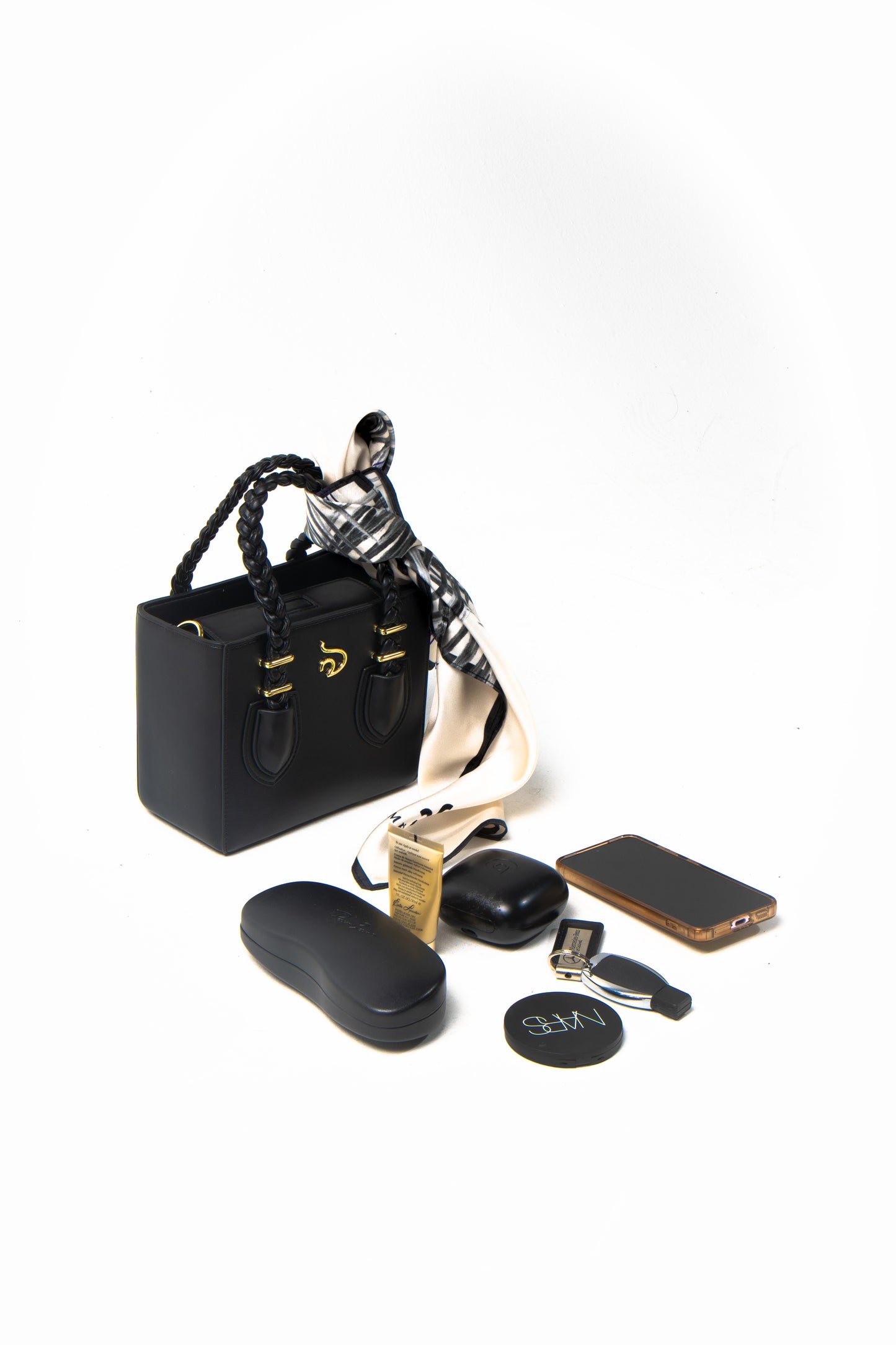 'Ruka' Black Boxy Tote With Gold Hardware