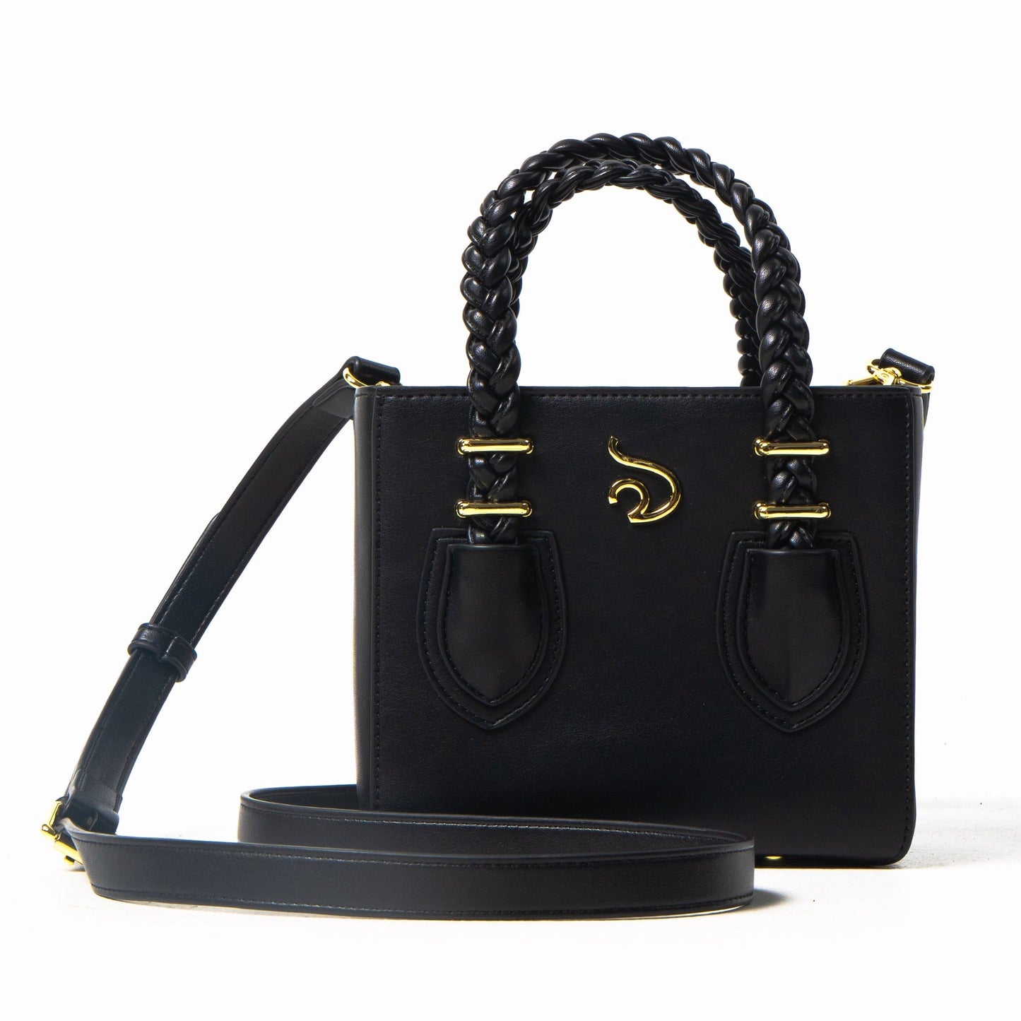 Black handbag with braided handle on a white background
