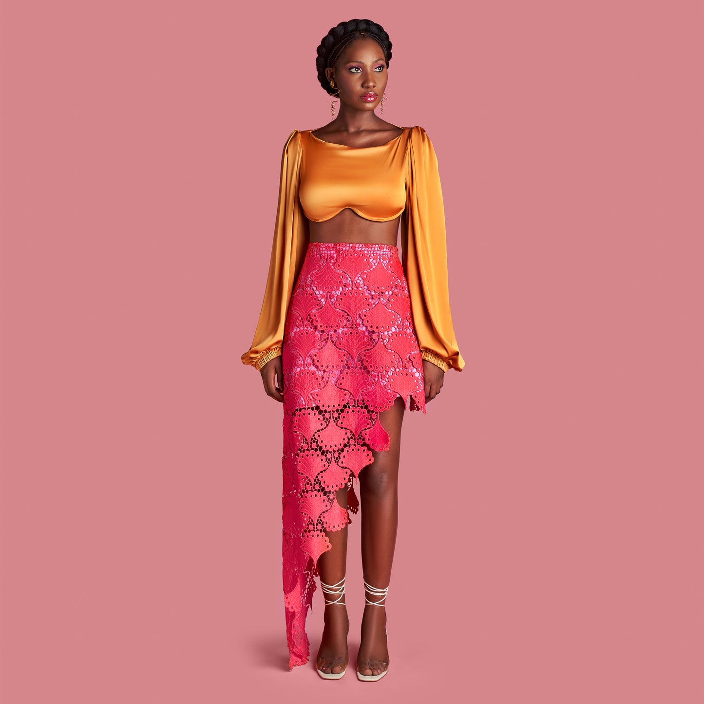 Pink Asymmetrical Lace Skirt