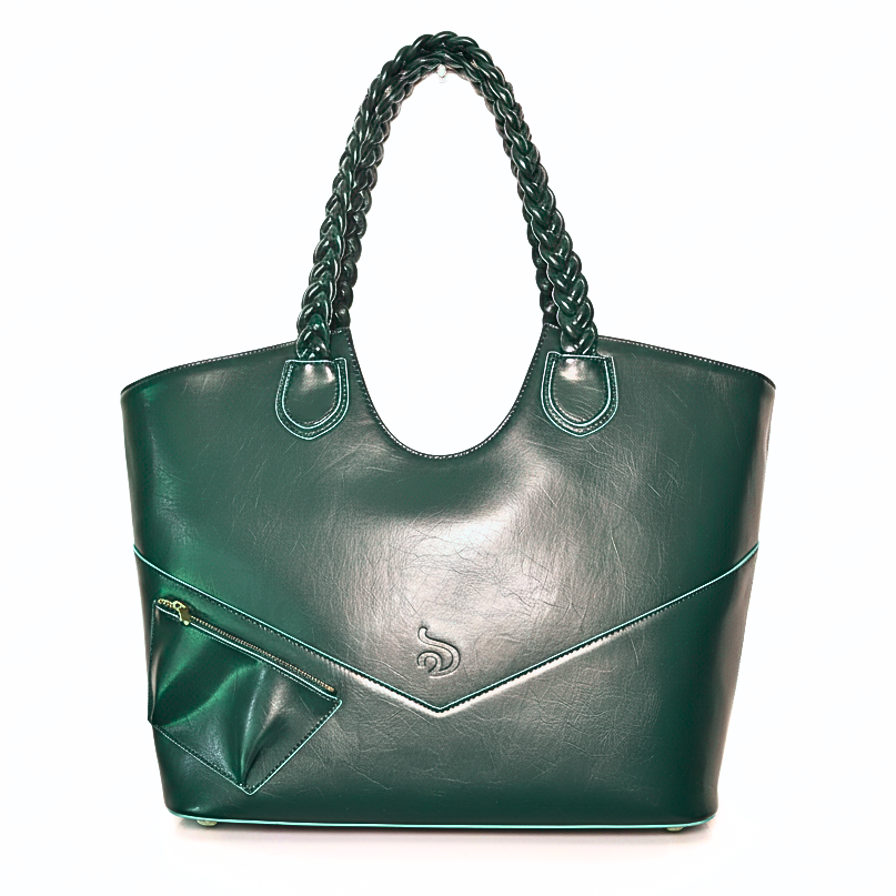 Fefe in forest Green handbag with braided handle on a white background