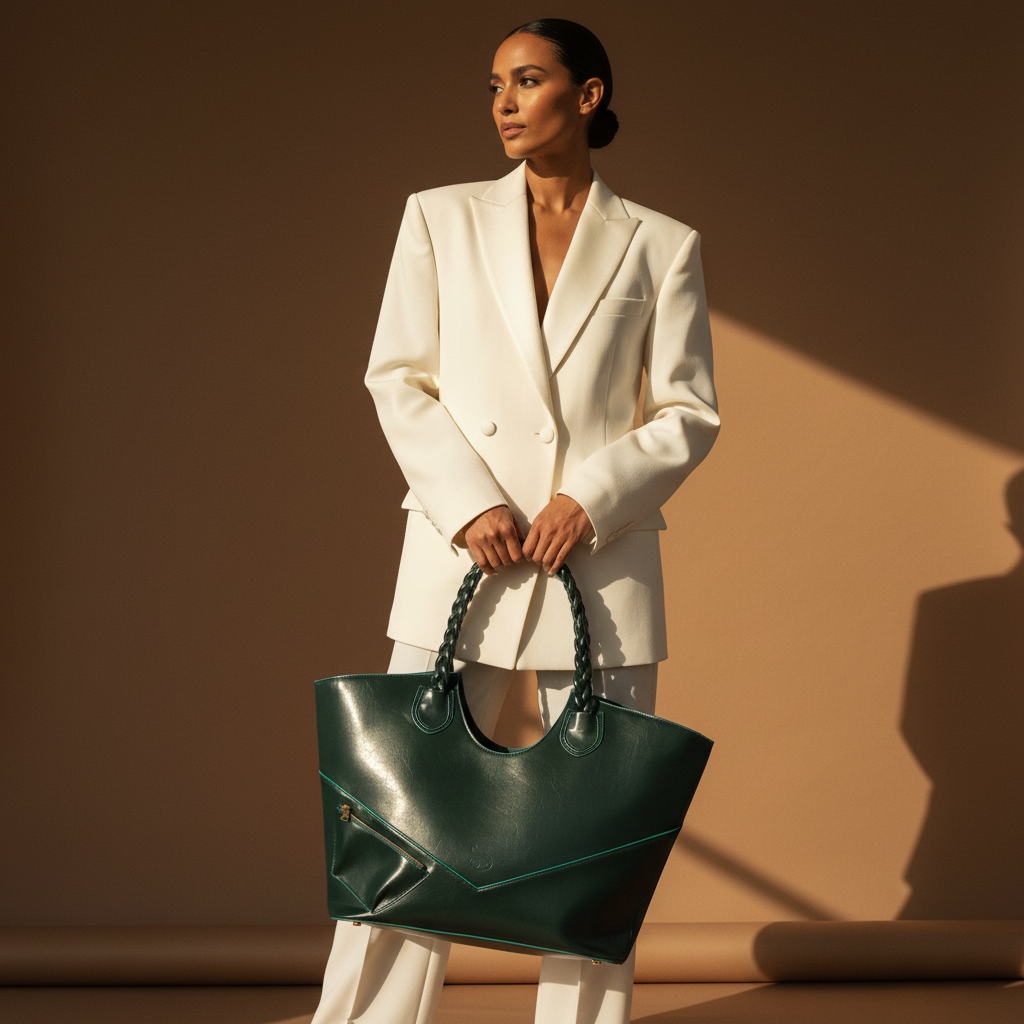 Woman in a white suit holding the forest green fefe carryall green handbag against a brown background