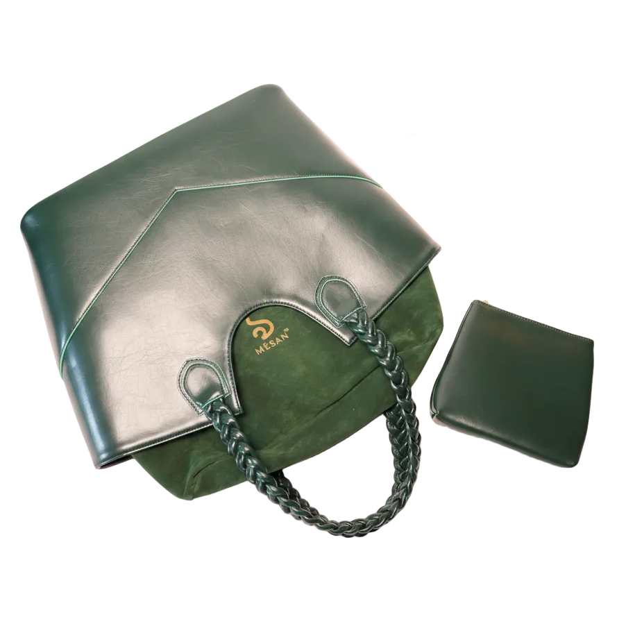 fefe carryall in forest Green handbag with suede lining detail and matching wallet on a white background