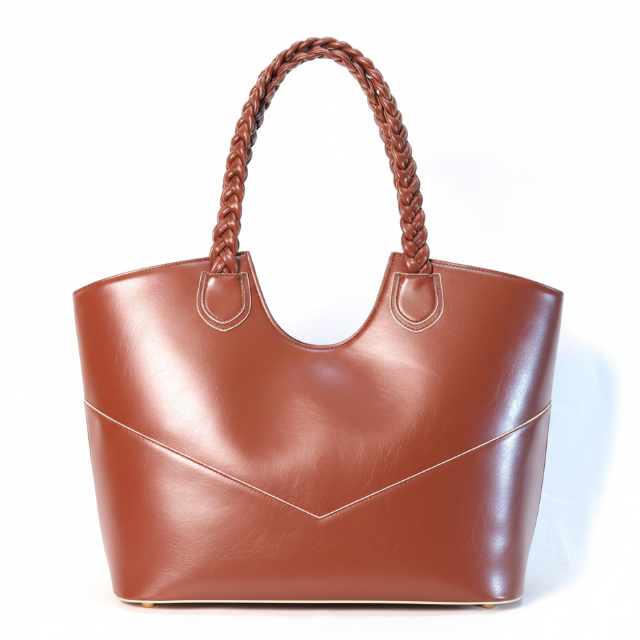 Fefe carryall in cacao Brown leather handbag with braided handle on a white background