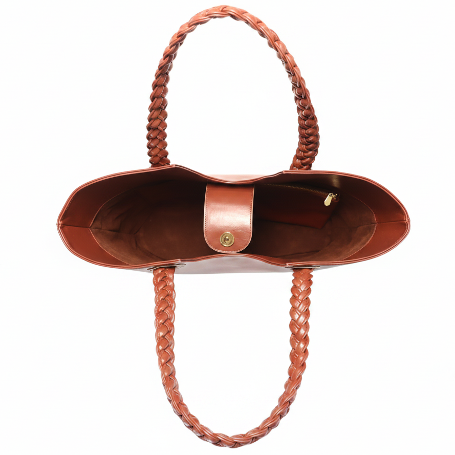 Fefe Carryall in Cacao Brown showing interior suede lining and matching pouch on a white background