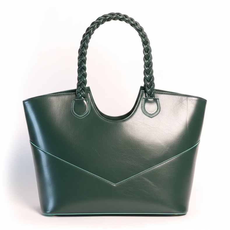 Fefe carryall in forest Green handbag with braided handle on a white background
