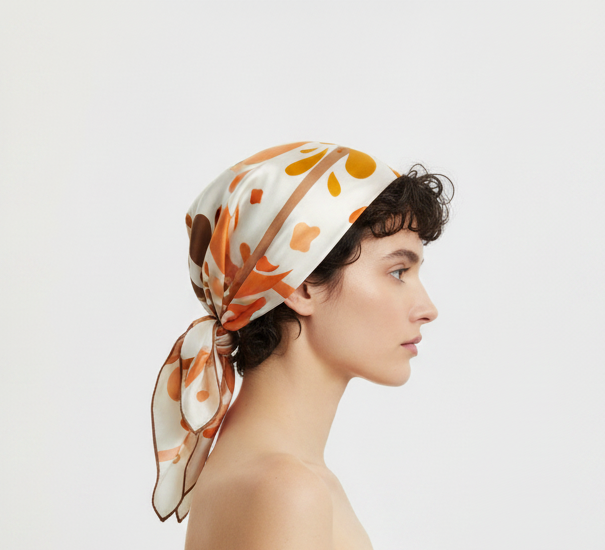 Woman wearing a Mesan mulberry silk sunrise patterned headscarf on a white background