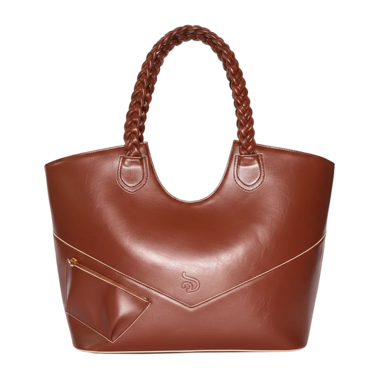 Cacao Fefe Bag Brown leather handbag with braided handle on a white background.