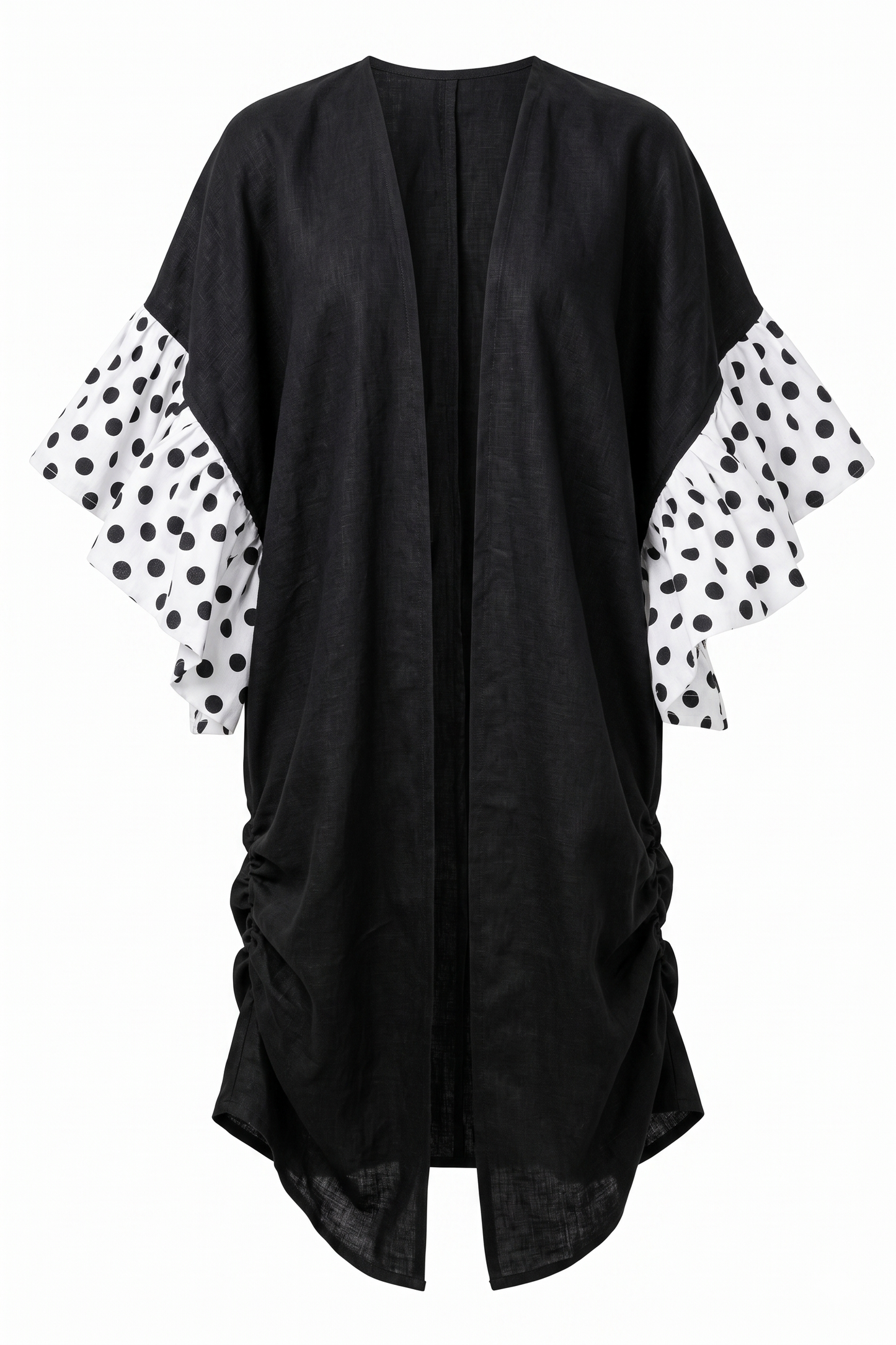 Black linen kimono with pleated polka dot sleeves on a white background by Mesan.