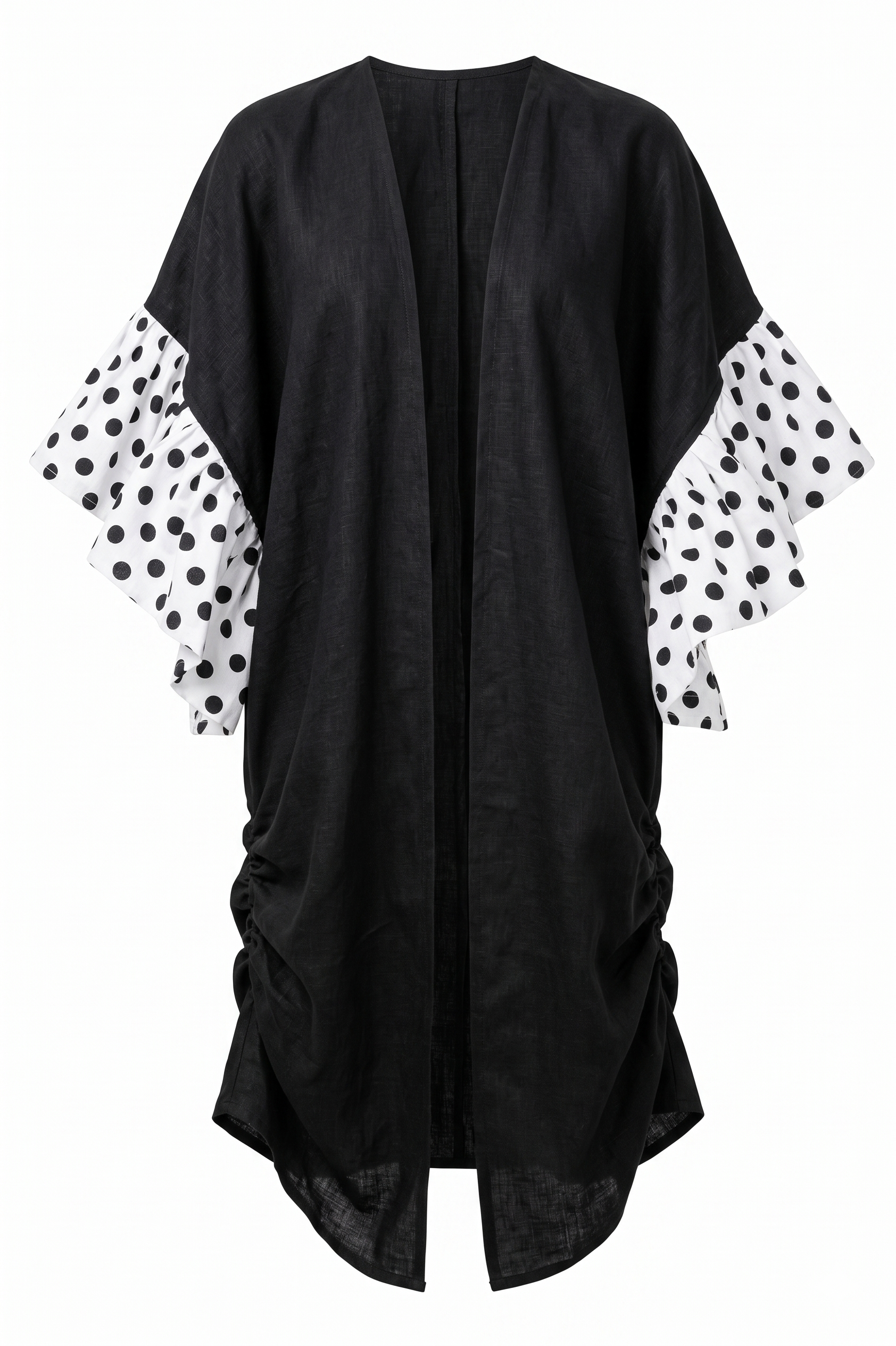 Black linen kimono with pleated polka dot sleeves on a white background by Mesan.