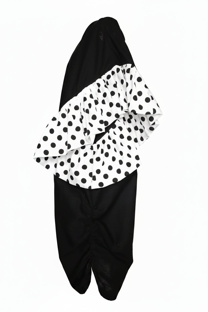 Black and white polka dot sleeves on a black kimono by Mesan.