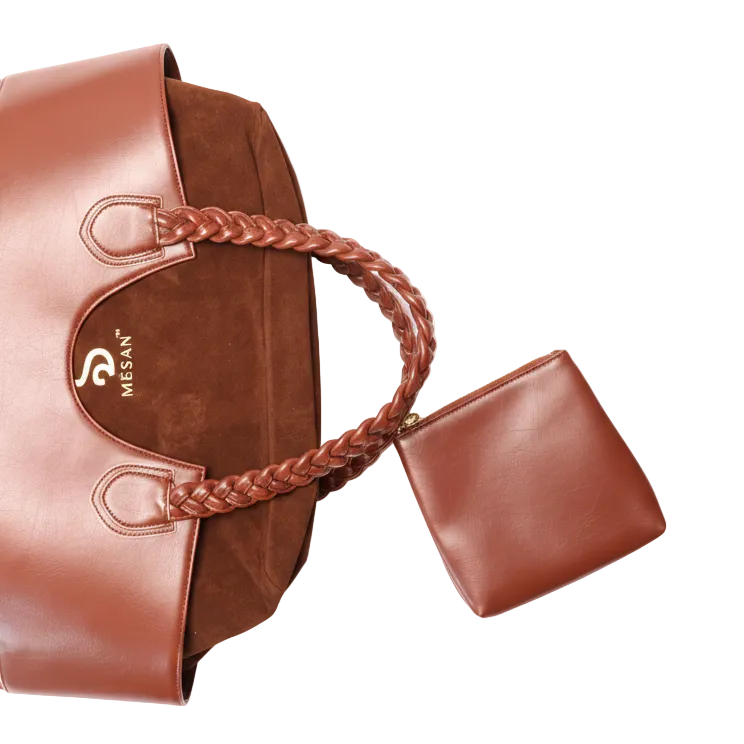 Fefe Carryall in Cacao Brown showing interior suede lining and matching pouch on a white background.