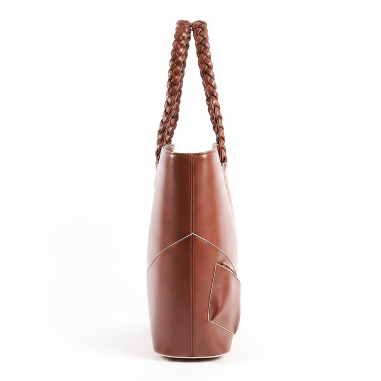 Fefe Carryall in Cacao Brown showing ithe side view with outer pocket