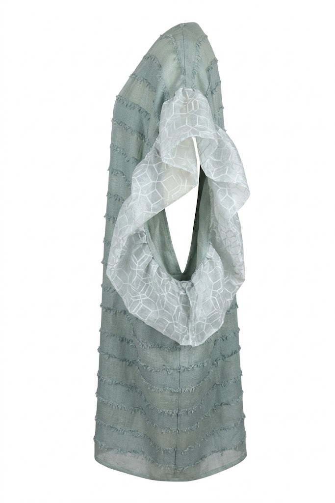 Mesan Sage green kaftan with open sides, organza ruffle sleeves. 