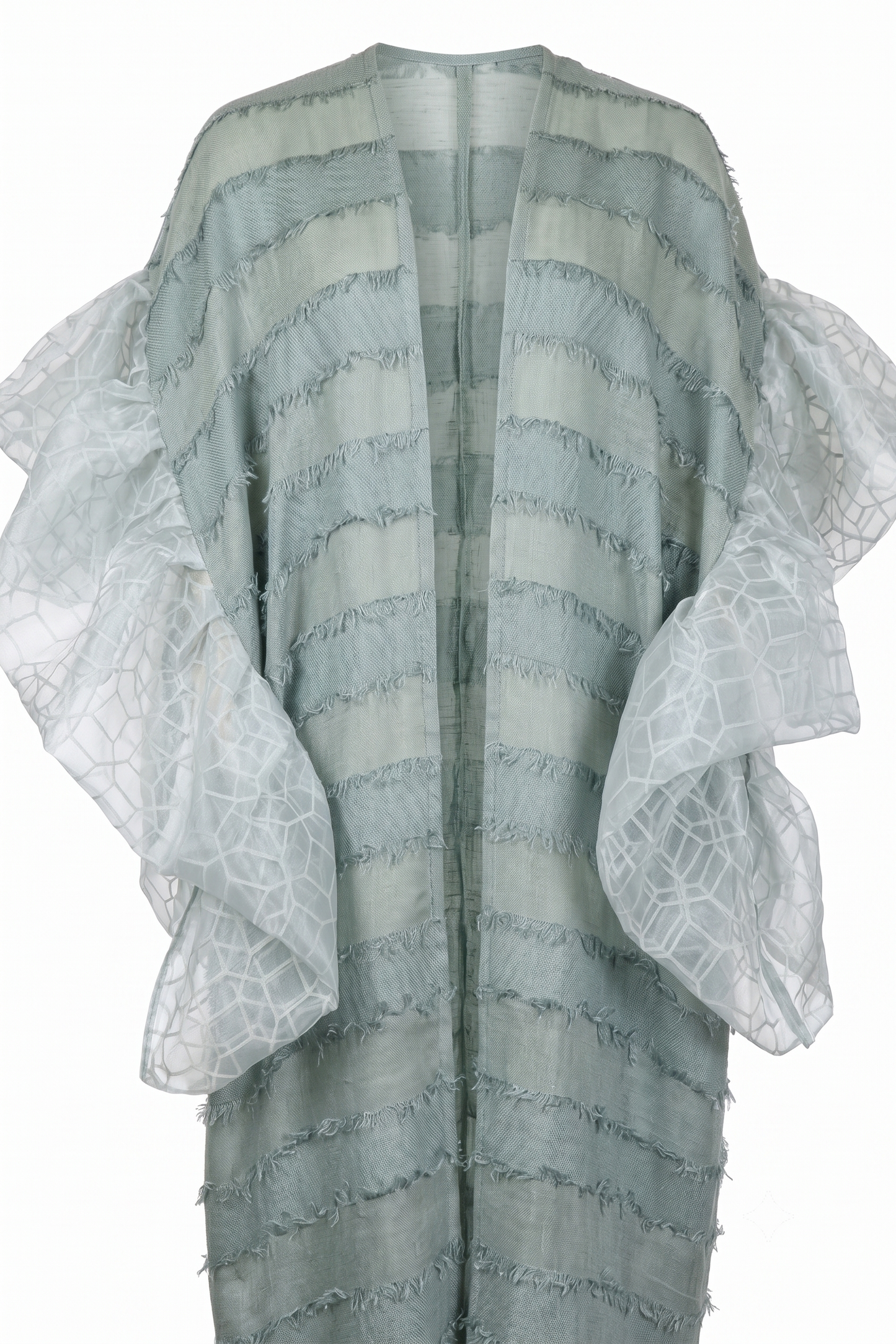 Mesan sage green open kaftan with organza ruffle sleeves.