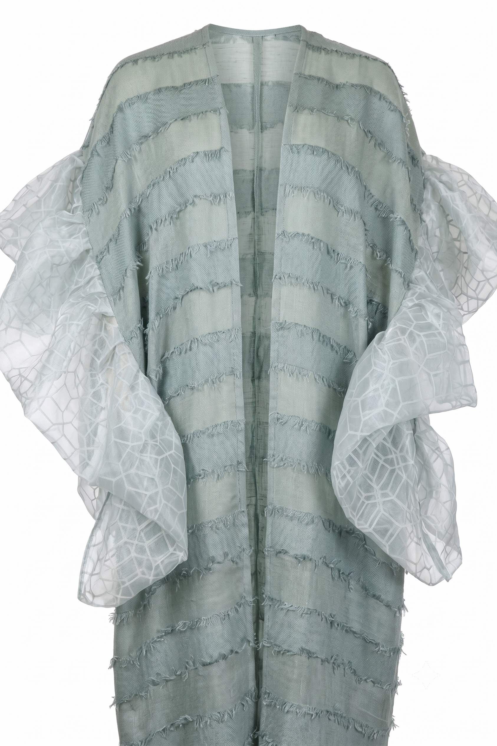 Mesan sage green open kaftan with organza ruffle sleeves.
