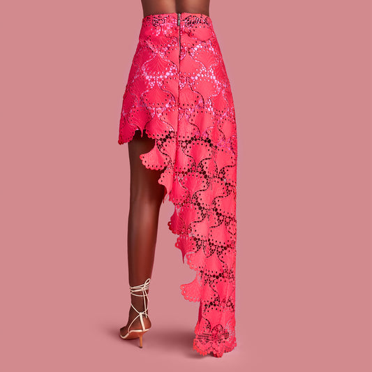Pink Asymmetrical Lace Skirt